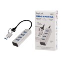 LogiLink Hub USB 3.0, 4x USB-A, 5 Gb/s, przewód 2w1 USB-A/USB-C, srebrny