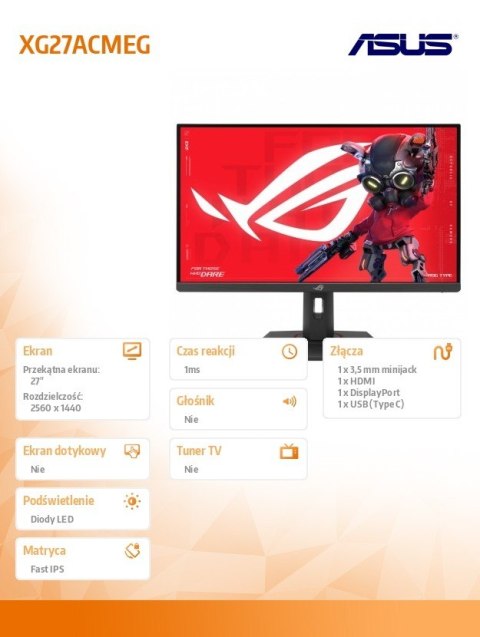 Asus Monitor 27 cali XG27ACMEG ROG IPS QHD HDMI USB DP