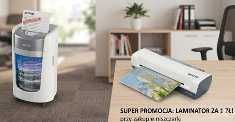 Niszczarka Leitz IQ OptiMax 350, P5, 8 kartek, 22l + za 1 zł Laminator Leitz iLAM Home A4 biały