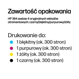 HP 364 zestaw 4 oryginalnych wkładów atramentowych: czarny/błękitny/purpurowy/żółty