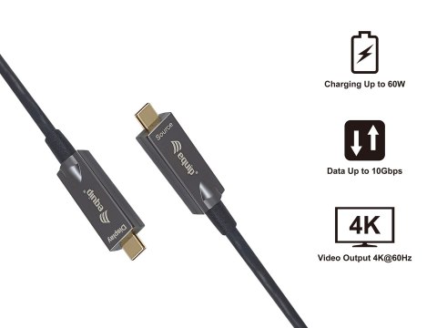 Wyposaż Aktywny kabel optyczny USB-C - M/M - 5.0m - PD 60W - 4K/60Hz - 10Gbps - Wideo+Dane+PD