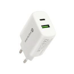 EVERACTIVE ŁADOWARKA SIECIOWA 1 X USB QUICK CHARGE 3.0 ORAZ 1 X USB-C PD PPS 25W BIAŁA SC-370Q