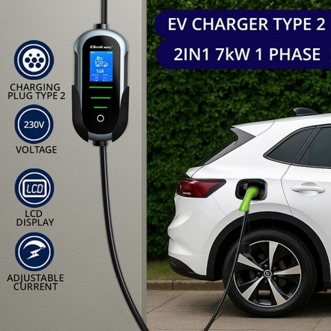 Qoltec Mobilna ładowarka do samochodu elektrycznego EV i hybryd z regulacją 2w1 Typ2 | 7kW | 230V | CEE 32A | Wi-fi | TUYA | SMA