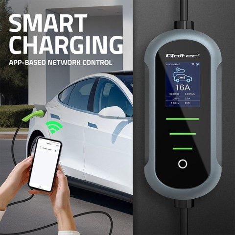 Qoltec Mobilna ładowarka do samochodu elektrycznego EV z regulacją 2w1 Typ2 | 3.5kW | 230V | SCHUKO 16A | Wi-fi | TUYA | SMART L