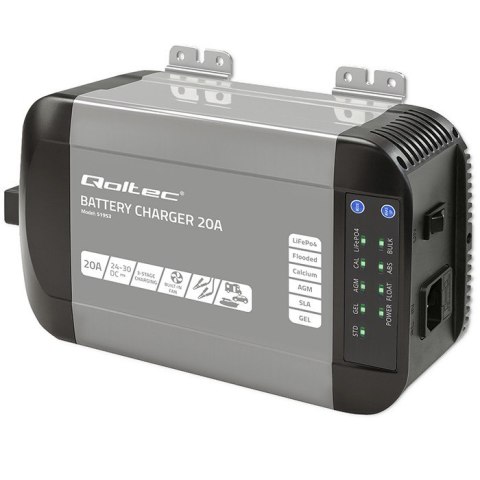 Qoltec Inteligentna ładowarka Monolith do akumulatorów LiFePO4 AGM GEL SLA | 20A | 24V
