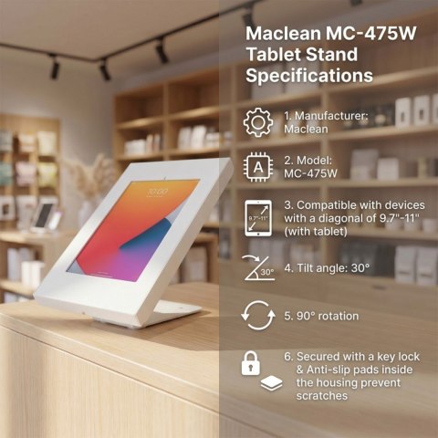 Maclean Uchwyt do tabletu ścienny / biurkowy z blokada 9,7-11 cali MC-475W Biały