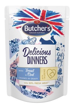 Butcher's Delicious Dinners Cat z pstrągiem i dorszem - mokra karma dla kota - kawałki w sosie - saszetka 100 g