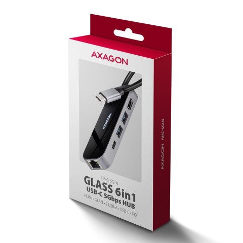 AXAGON HMC-6GLN Hub USB, 2x USB-A, 1x USB-C, 1x HDMI 2.0, 1x RJ45, 100 W PD - srebrny