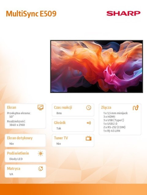 Sharp Monitor wielkoformatowy MultiSync E509 50 cali UHD 16/7 350cd/m2