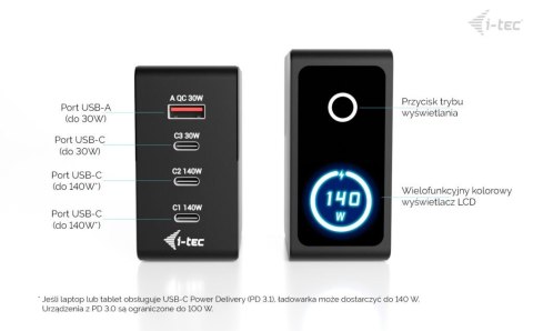 I-tec Ładowarka 140W Intelligent Multiport USB Charger 3xUSB-C 1xUSB-A LCD 150 cm