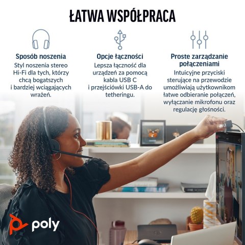 Słuchawki Poly Blackwire 3220 Stereo Wired Headset, USB-C, USB-C/A Adapter (Bulk), Black