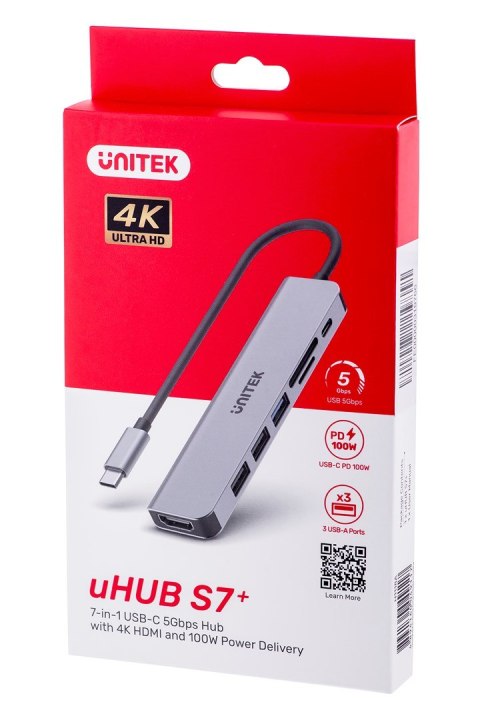 UNITEK HUB USB-C H1118A; USB-A x3, USB-C, HDMI, SD, microSD