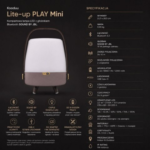 Kooduu Lampa przenośna z głośnikiem Lite-Up Play Mini szara