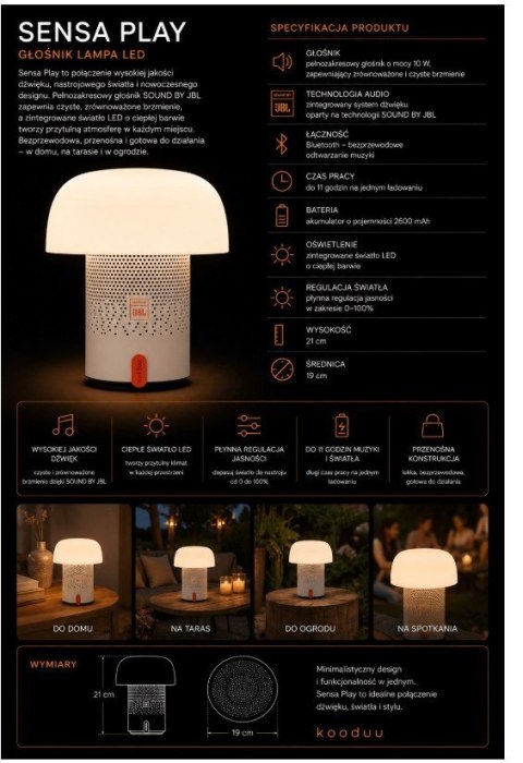 Kooduu Lampa przenośna z głośnikiem Sensa Play biała