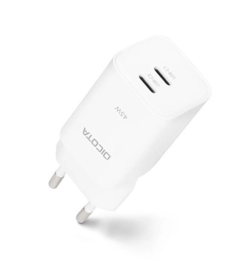 DICOTA Ładowarka GaN 45W 2xUSB-C + kabel USB-C 1.5m biała