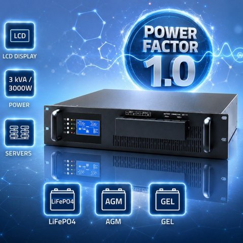Qoltec UPS Pure Sine Wave do RACK | 3kVA | 3000W | PF1.0 | LCD | EPO | USB | On-line