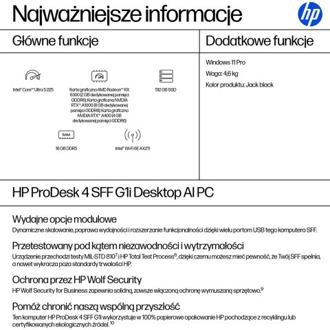 HP ProDesk 4 SFF G1i AI PC Intel Core Ultra 5 225 16 GB DDR5-SDRAM 512 GB SSD Windows 11 Pro Czarny