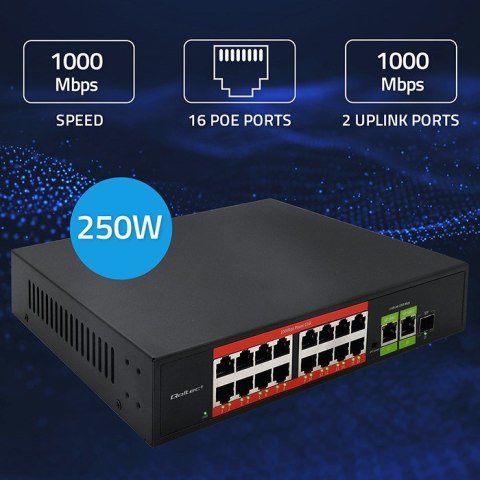 Qoltec Przełącznik sieciowy SWITCH Fast Ethernet PoE | 16x RJ45 10/100 Mb/s | 2x RJ45 Uplink 1000 Mb/s | 1x SFP 1000 Mb/s