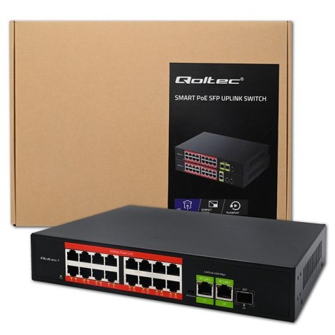 Qoltec Przełącznik sieciowy SWITCH Fast Ethernet PoE | 16x RJ45 10/100 Mb/s | 2x RJ45 Uplink 1000 Mb/s | 1x SFP 1000 Mb/s