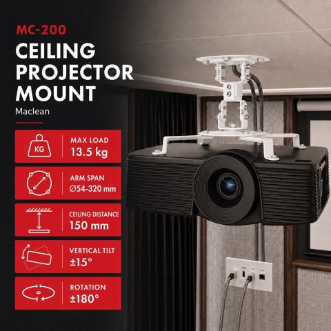 MACLEAN UCHWYT SUFITOWY DO PROJEKTORA, 54~320MM, DO 13,5 KG, ROTACJA 360 STOPNI MC-200 W