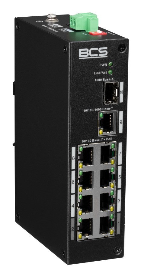 BCS BCS-L-SP0801G-1SFP(II) Fast Ethernet (10/100) Obsługa PoE Szyna DIN Czarny