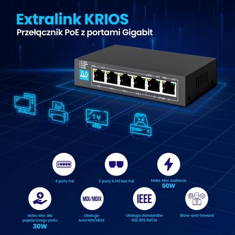 Extralink Switch PoE KRIOS 4x Gigabit PoE/PoE+, 2x RJ45 Uplink Gigabit, 60W