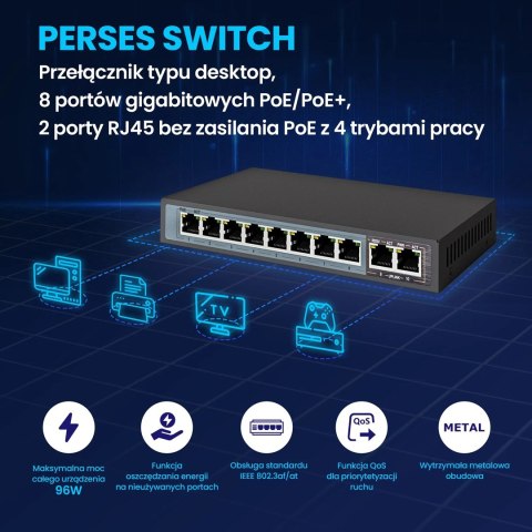 Extralink Switch PoE PERSES 8x Gigabit PoE/PoE+, 2x RJ45 Uplink Gigabit, 96W