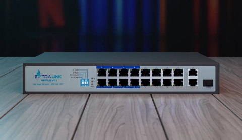 Extralink Switch PoE VIRTUS V3 16x 100Mb/s PoE/PoE+, 2x Gigabit RJ45 + 1x SFP, 150W