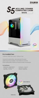 Zalman Obudowa S5 WHITE ATX Mid Tower PC Case RGB fan TG